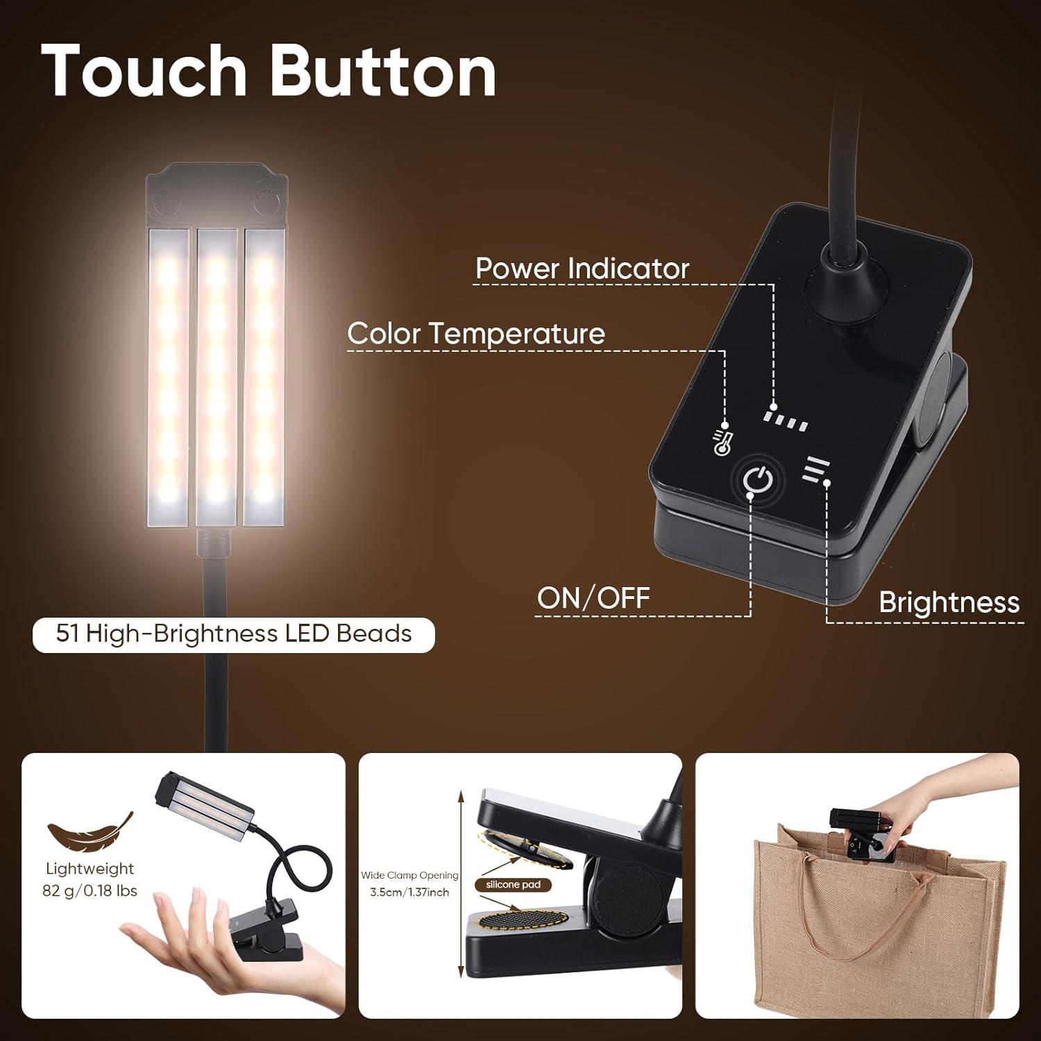 Luz de Atril Recargable Javik con Clip y 3 Niveles de Brillo