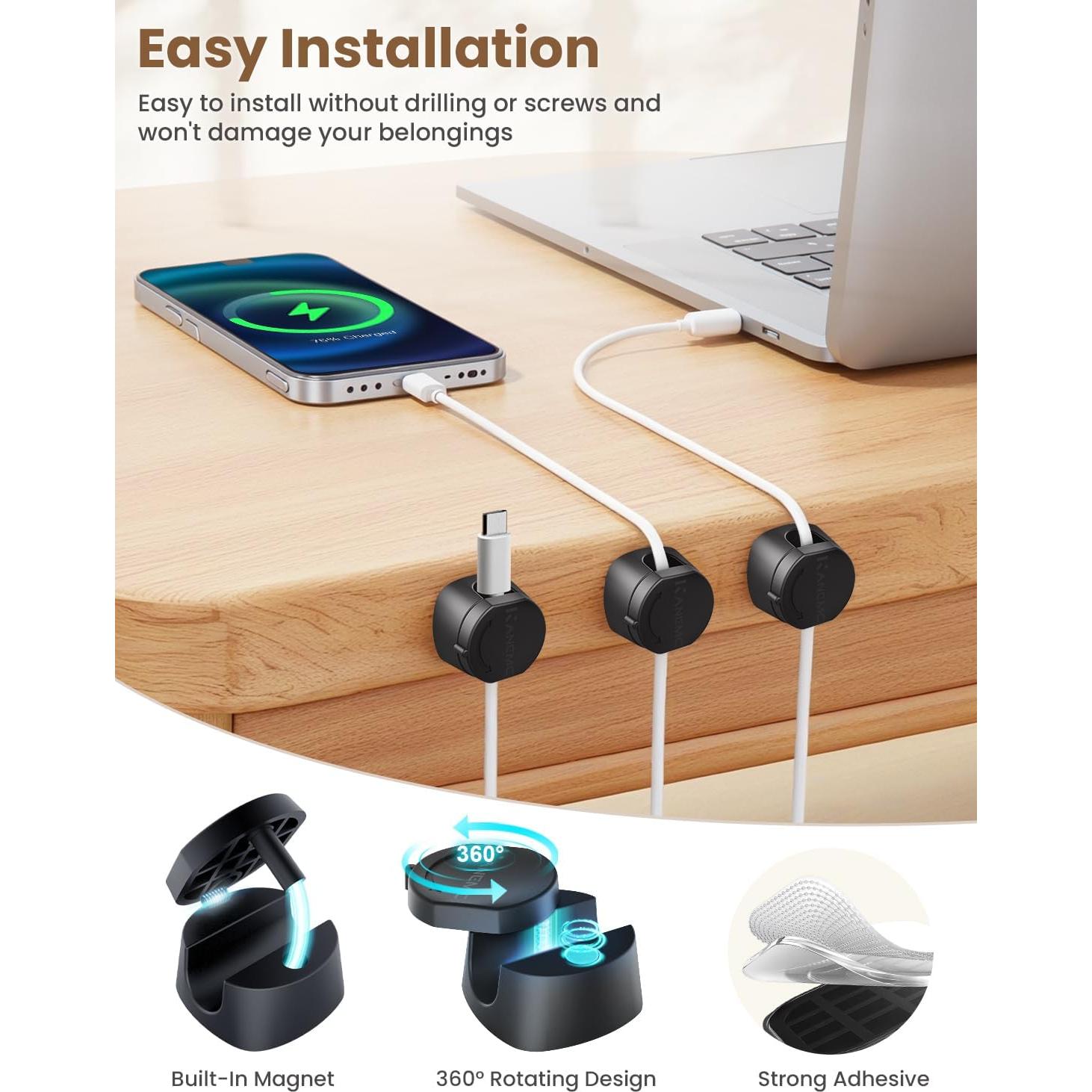 Organizador de Cables Magnético Kanemc 6 PCS Negro 360°