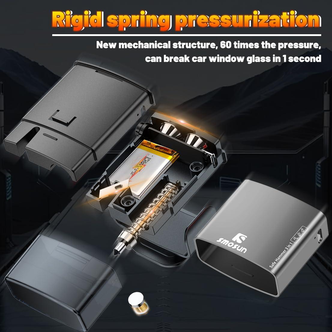 Martillo Rompe Cristales Gemgong 3 en 1 con Linterna Negra