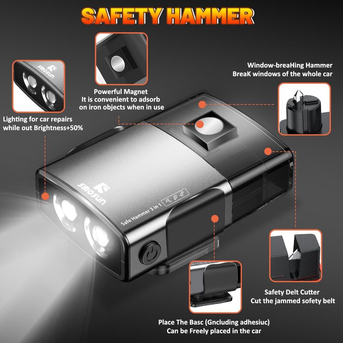 Martillo Rompe Cristales Gemgong 3 en 1 con Linterna Negra