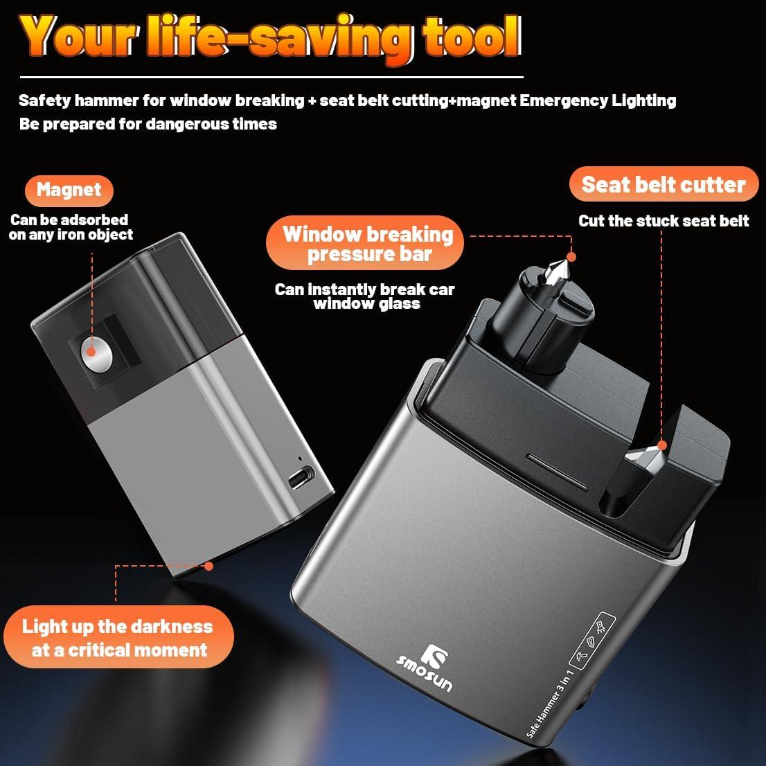 Martillo Rompe Cristales Gemgong 3 en 1 con Linterna Negra