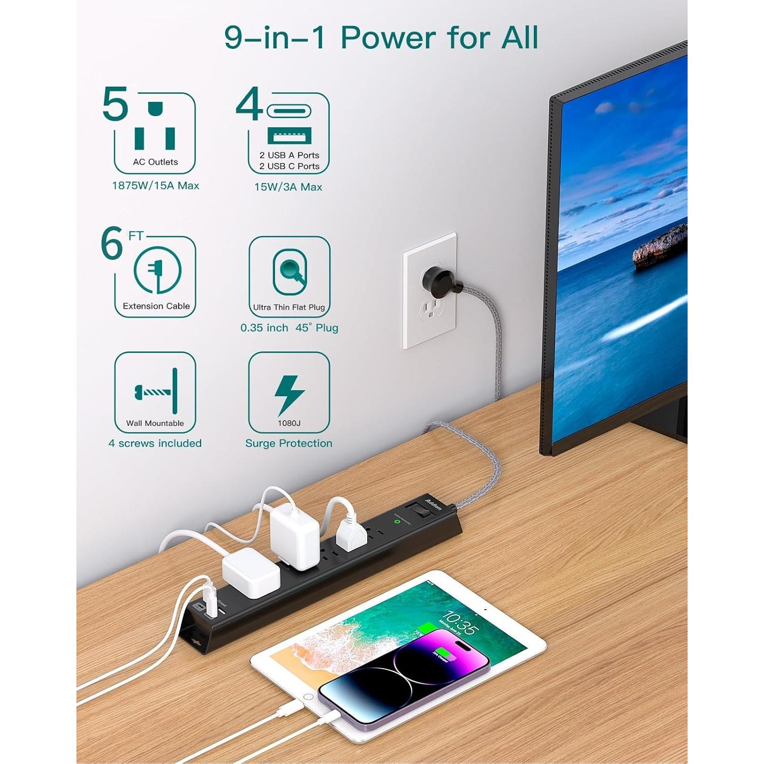 Regleta de Sobretensión Addtam 2x6 pies con USB-C y 5 Salidas