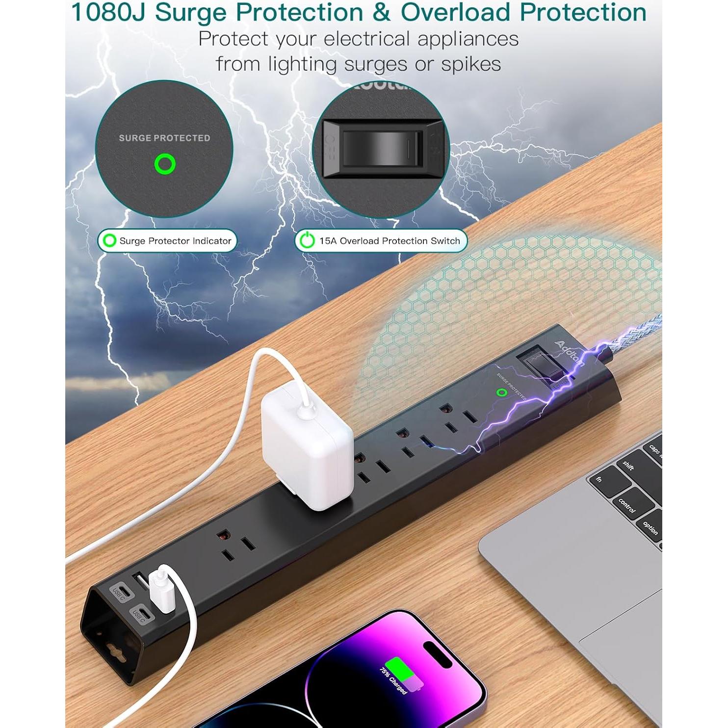 Regleta de Sobretensión Addtam 2x6 pies con USB-C y 5 Salidas