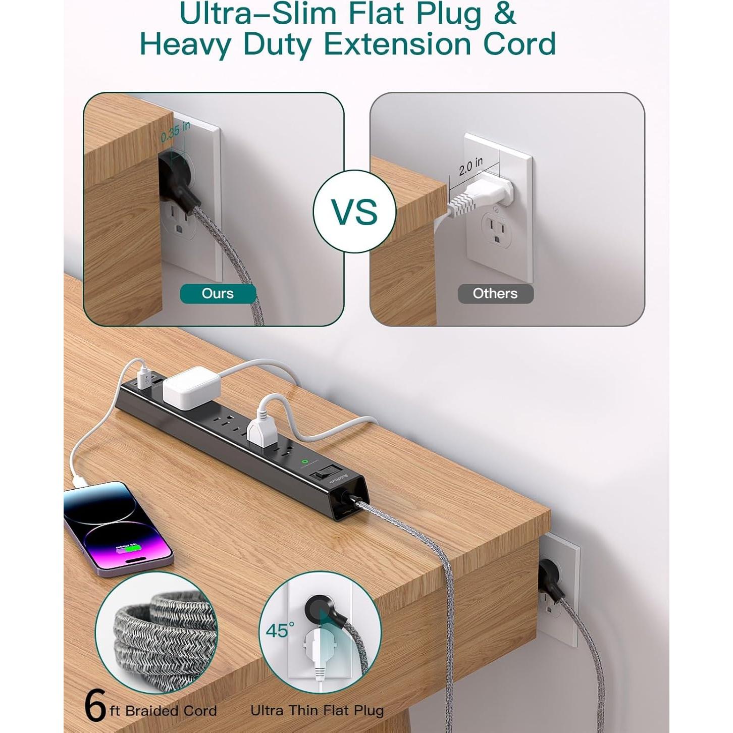 Regleta de Sobretensión Addtam 2x6 pies con USB-C y 5 Salidas