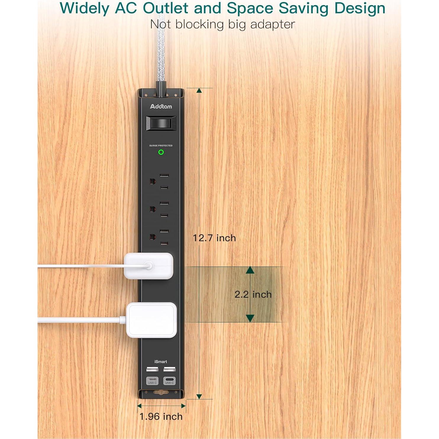 Regleta de Sobretensión Addtam 2x6 pies con USB-C y 5 Salidas