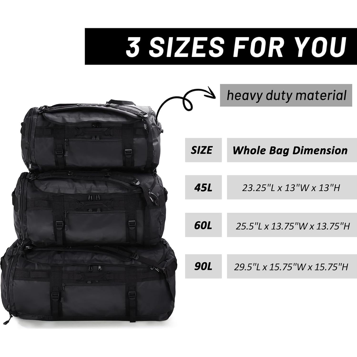 Mochila Duffel MIER 90L Resistente y a Prueba de Agua Negra