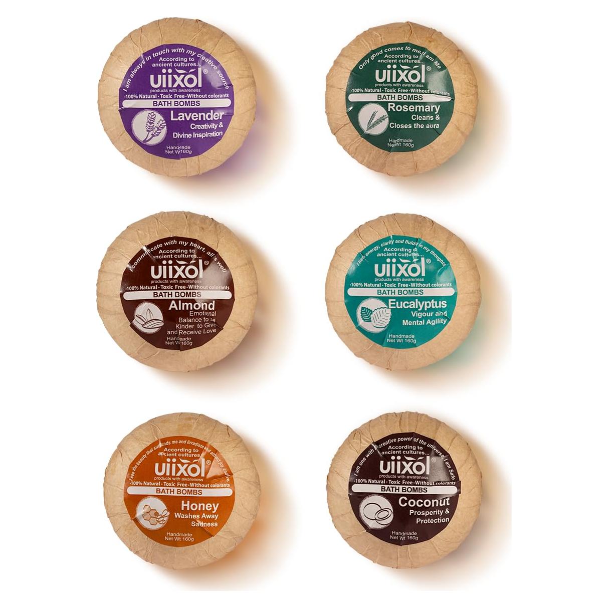 Juego de 6 Bombas de Baño Naturales Veganas - Almendras, Coco, Eucalipto, Miel, Lavanda, Romero