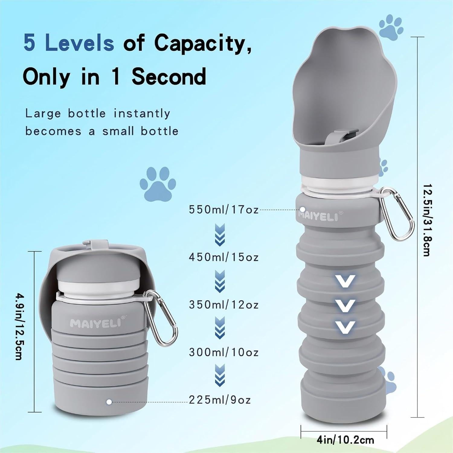 Botella de Agua Colapsable para Perros Maiyeli 550ml Silicona