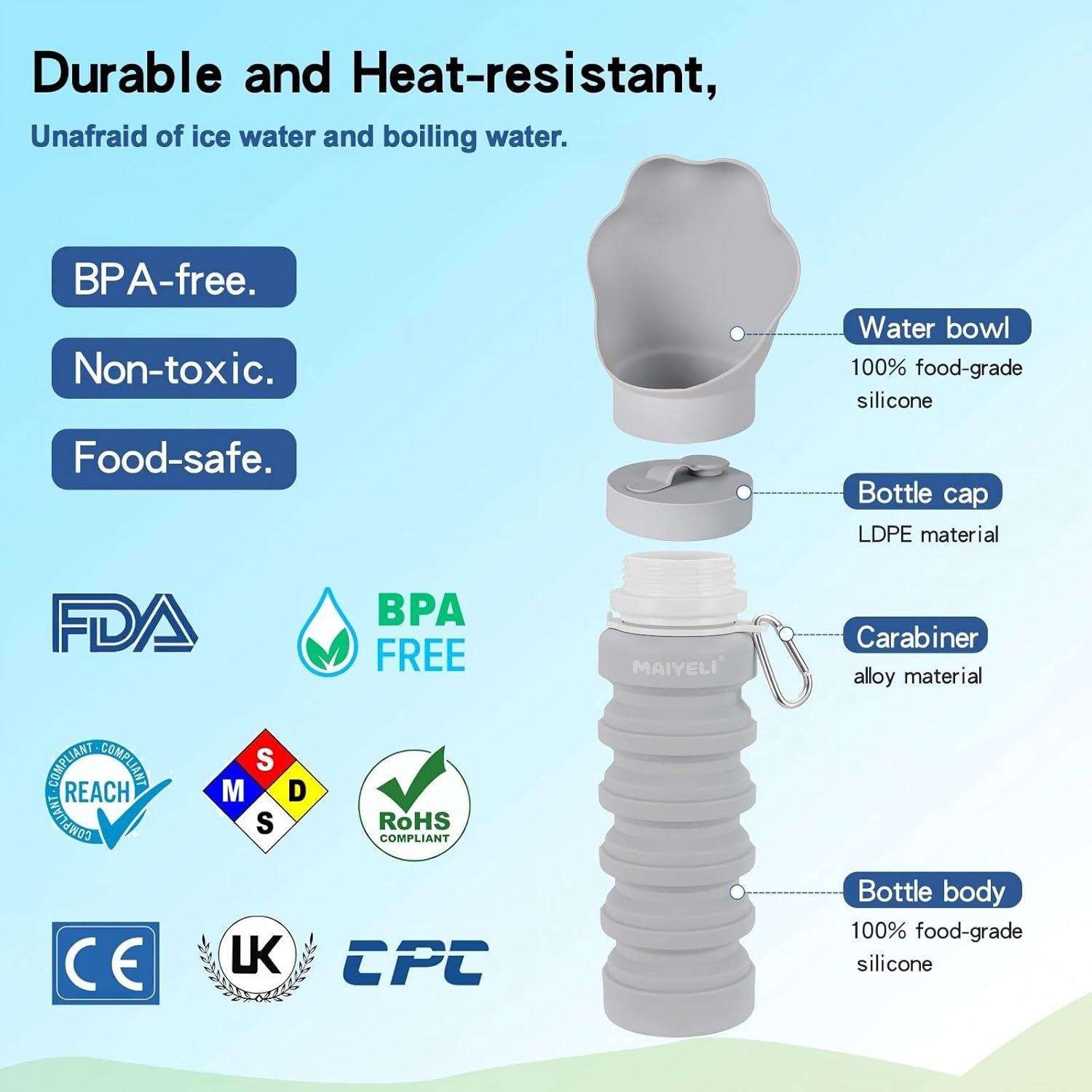Botella de Agua Colapsable para Perros Maiyeli 550ml Silicona