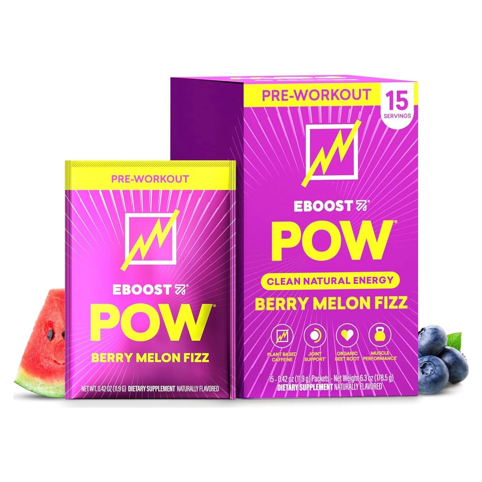 EBOOST POW Pre Entrenamiento Natural 15 Paquetes Sabor Melón
