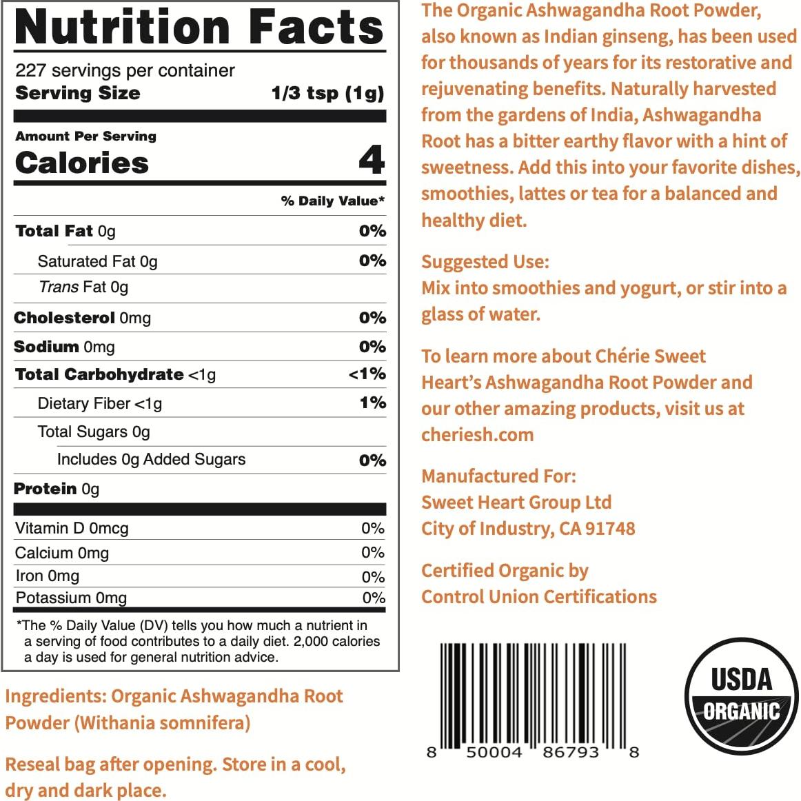 Polvo de Raíz de Ashwagandha Orgánico Cherie Sweet Heart 227g