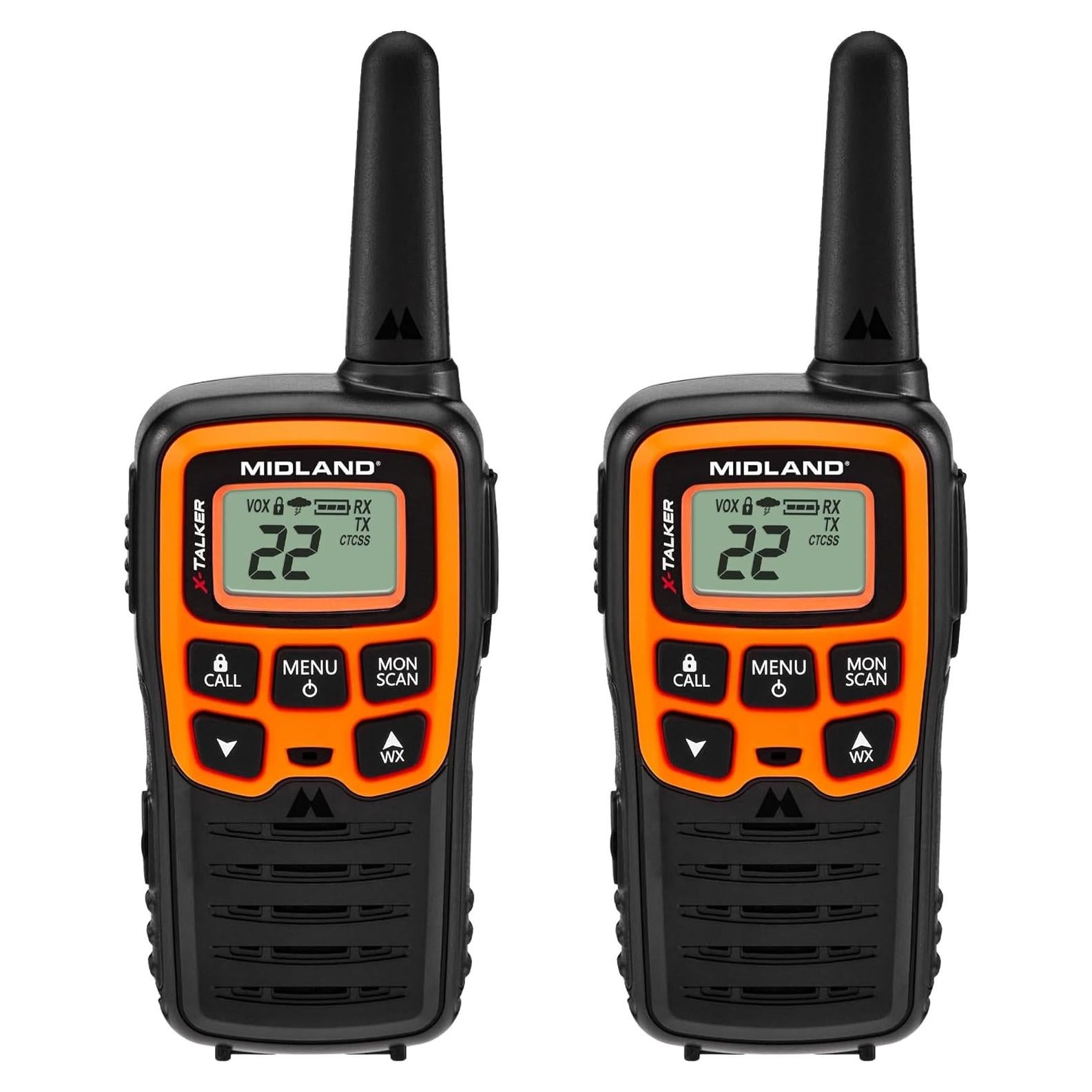 Midland- T51VP3 X-TALKER Spotting and Recovery Walkie-Talkie Long Range - FRS Two Way Radio for kids Caravanning with NOAA Weather Scan + Alert, 38 Privacy Codes - Black/Orange - 2 Pack