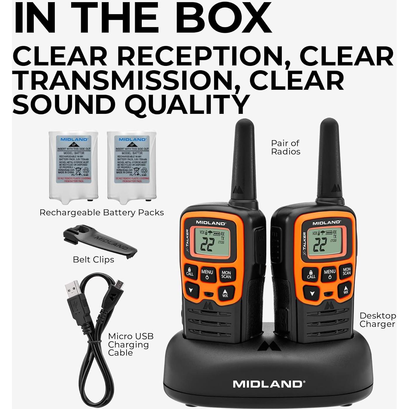 Midland- T51VP3 X-TALKER Spotting and Recovery Walkie-Talkie Long Range - FRS Two Way Radio for kids Caravanning with NOAA Weather Scan + Alert, 38 Privacy Codes - Black/Orange - 2 Pack