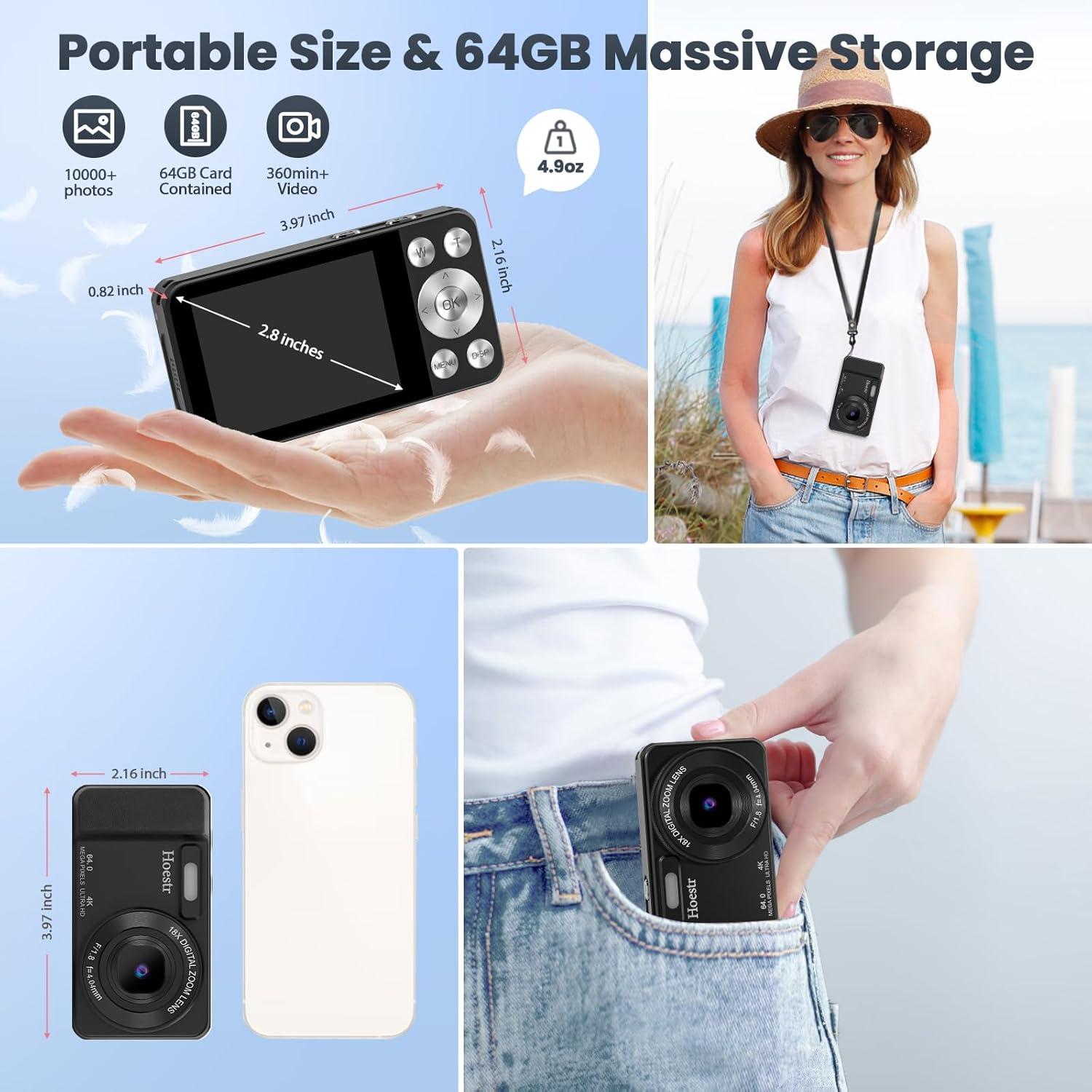 Cámara Digital Compacta Hoestr A60 64MP 4K 18x Zoom Negro