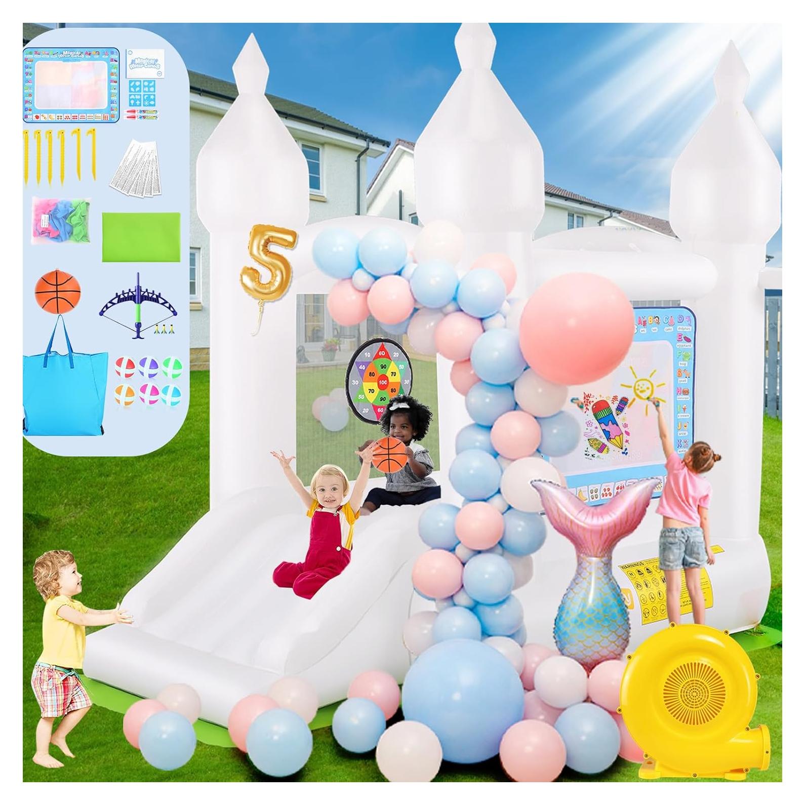 Castillo Inflable Blanco Whubefy con Resbaladilla y Ventilador 261x180x229cm