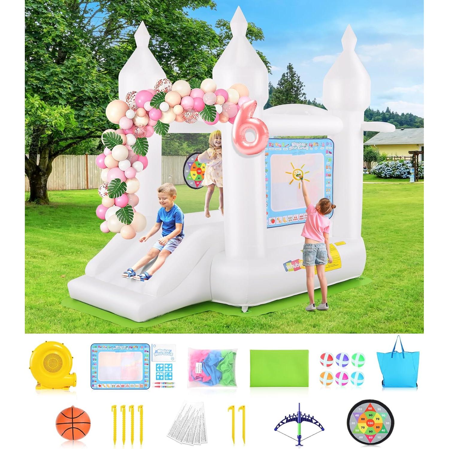 Castillo Inflable Blanco Whubefy con Resbaladilla y Ventilador 261x180x229cm