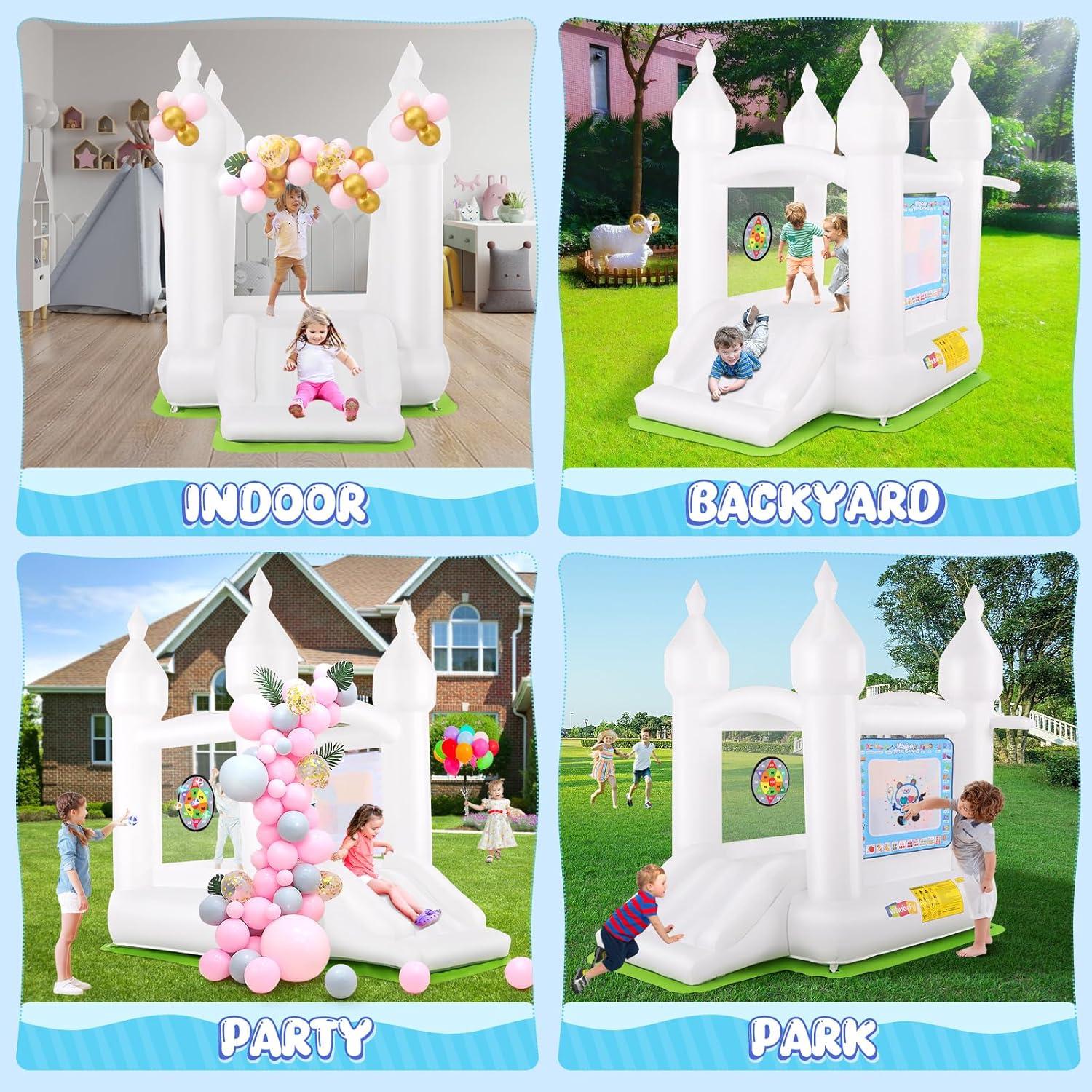 Castillo Inflable Blanco Whubefy con Resbaladilla y Ventilador 261x180x229cm