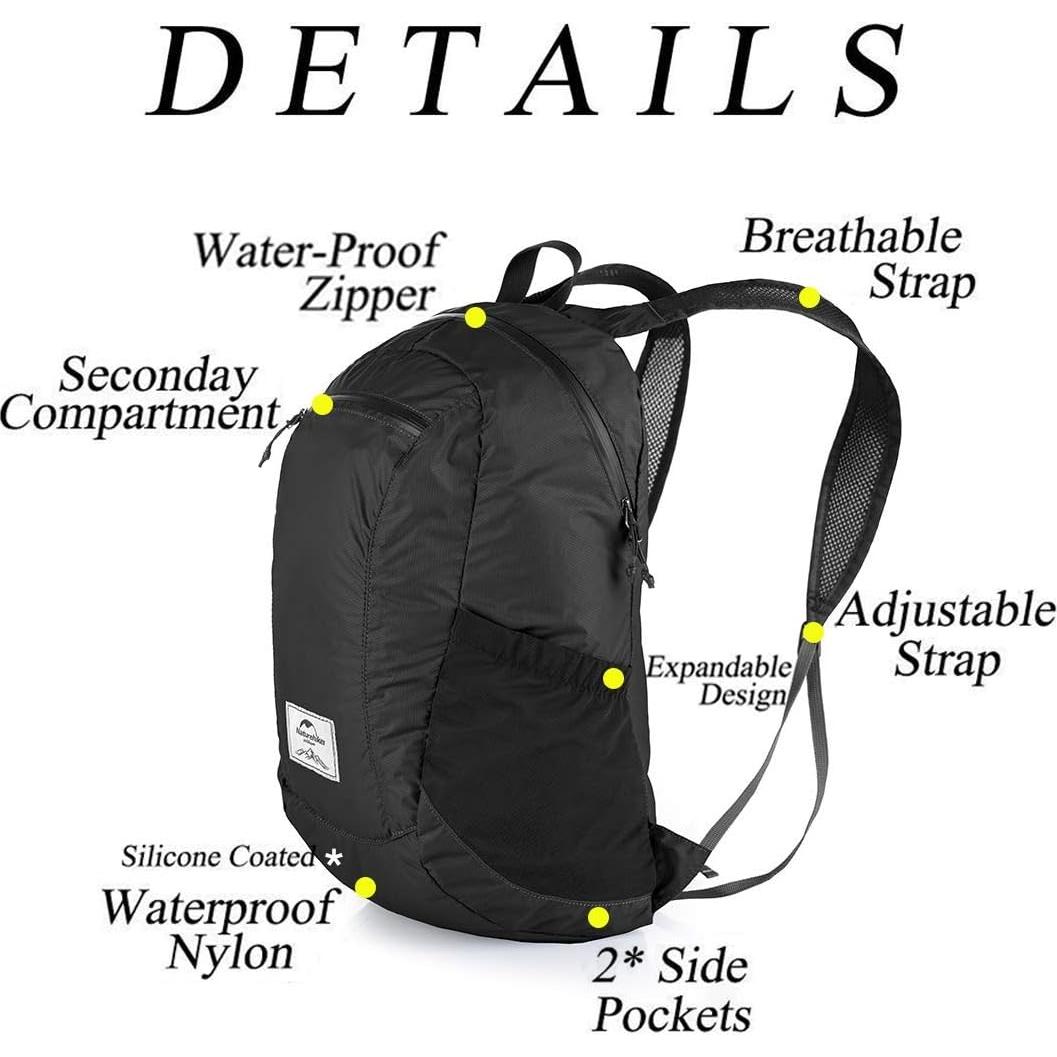 18L Lightweight Hiking Backpack, Waterproof Camping Packable Backpack Ultralight for Travel, Airplane, Small Hiking Daypack for Adults, Black