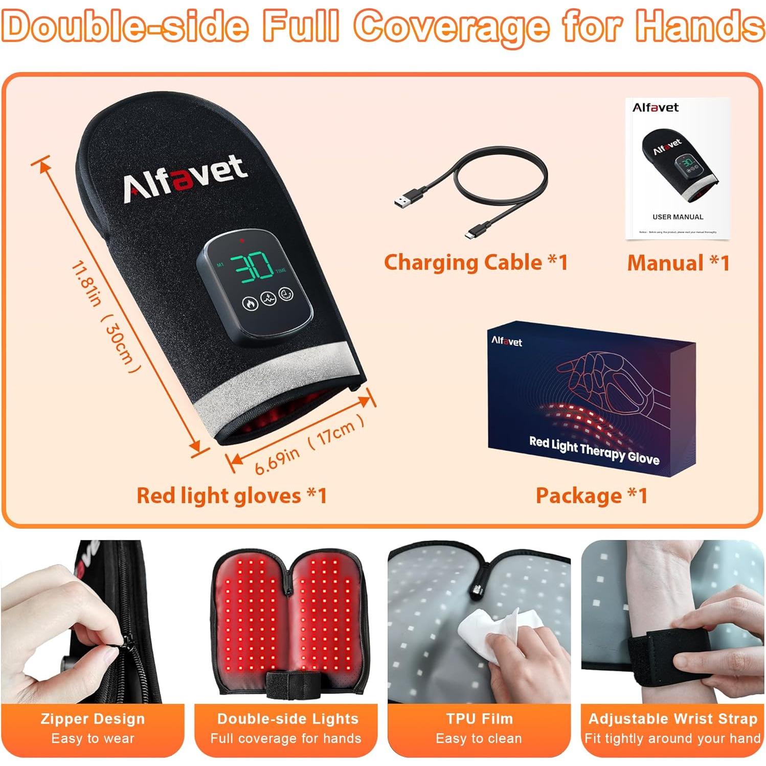 Guante Terapia Luz Roja Inalámbrico Alfavet 112 LEDs 5000mAh