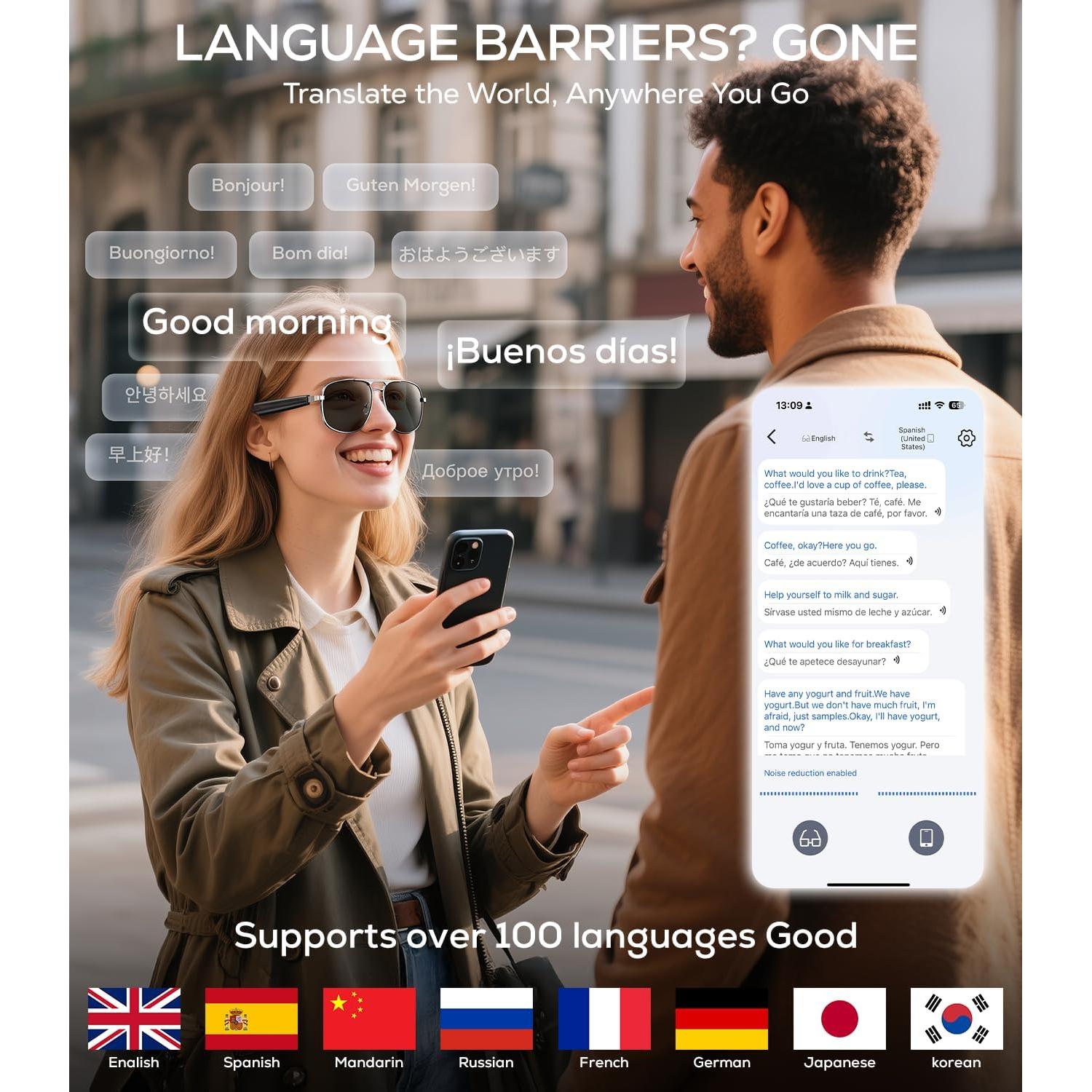 Gafas Inteligentes AI Polarizadas UV400 Bluetooth - Traducción 100+ Idiomas