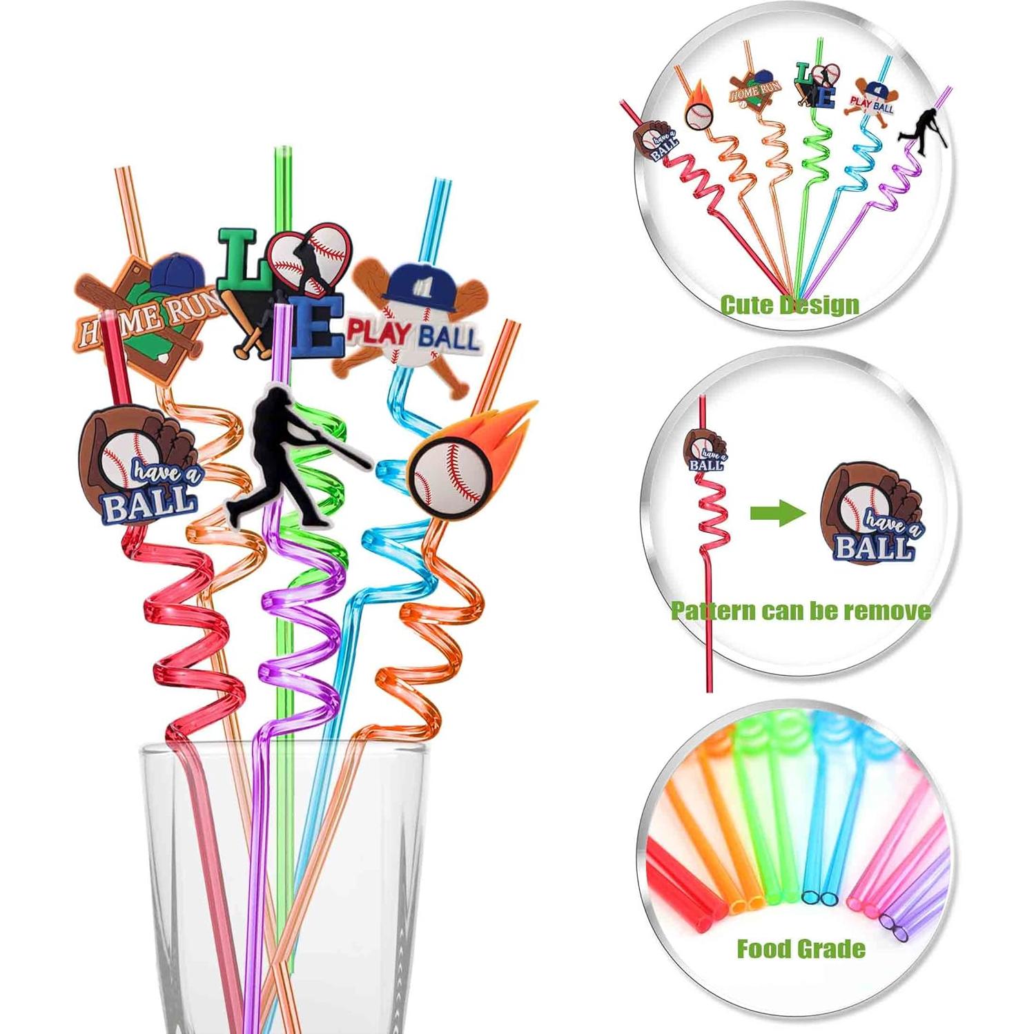 24 Pajitas Reutilizables de Plástico Peiking Tema Béisbol