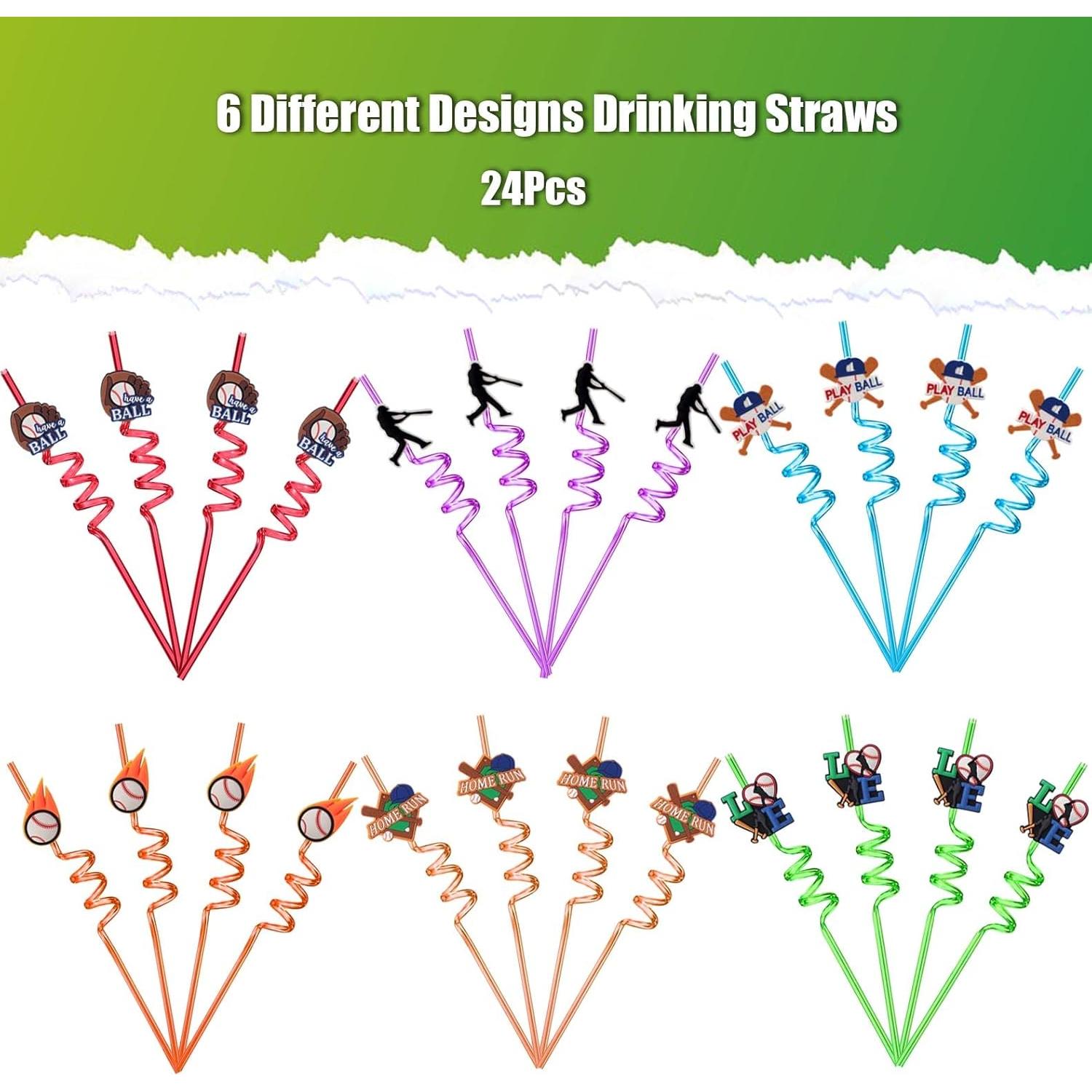 24 Pajitas Reutilizables de Plástico Peiking Tema Béisbol