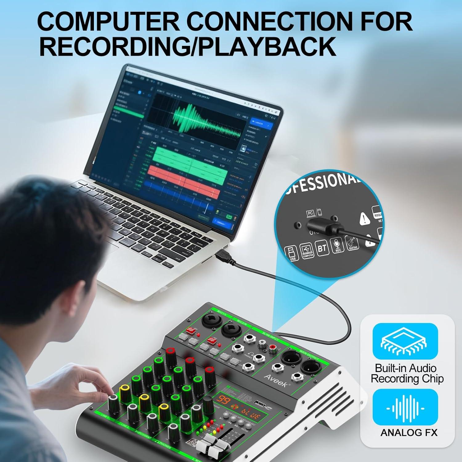 Mezclador de Audio Profesional Aveek F4, 4 Canales, USB/Bluetooth