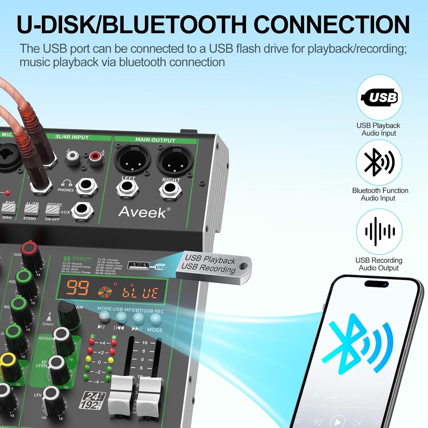 Mezclador de Audio Profesional Aveek F4, 4 Canales, USB/Bluetooth