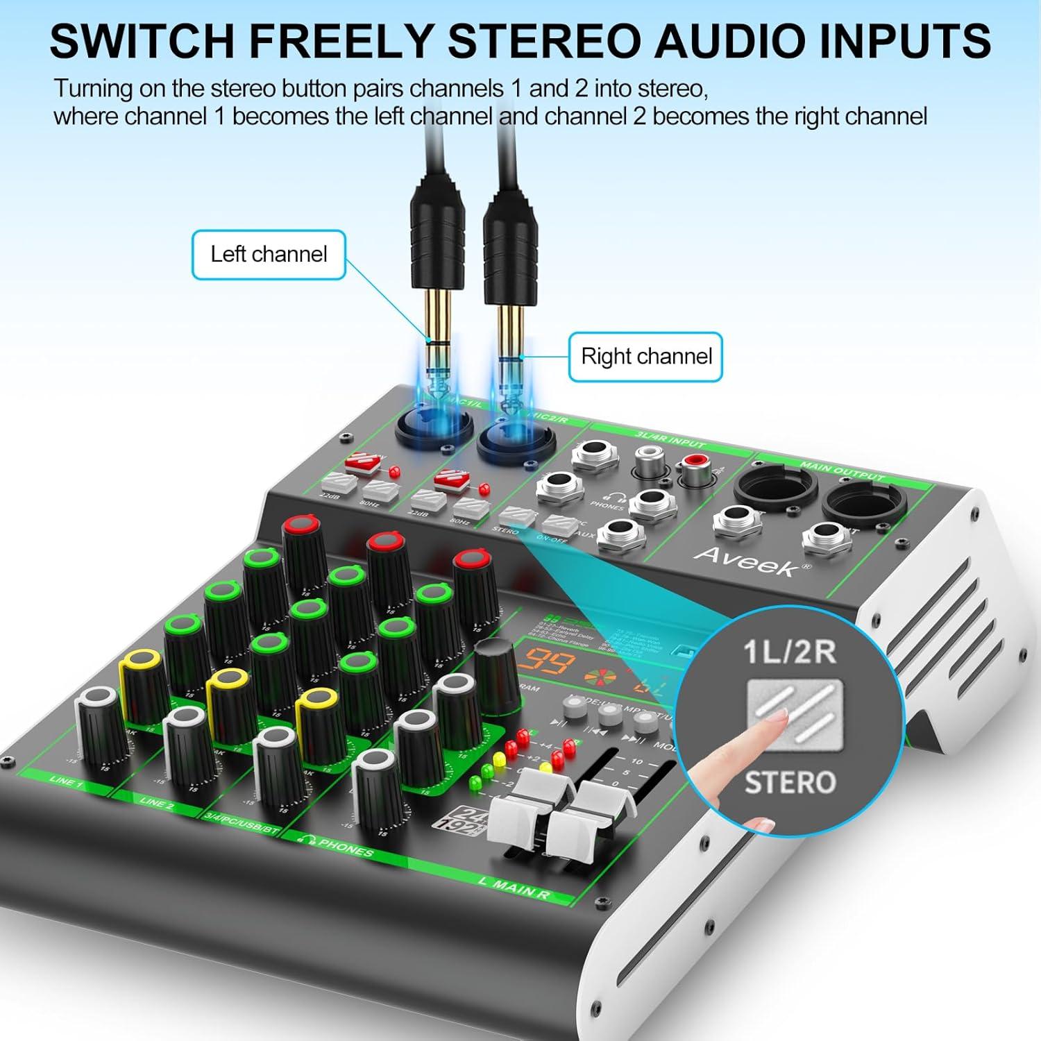 Mezclador de Audio Profesional Aveek F4, 4 Canales, USB/Bluetooth