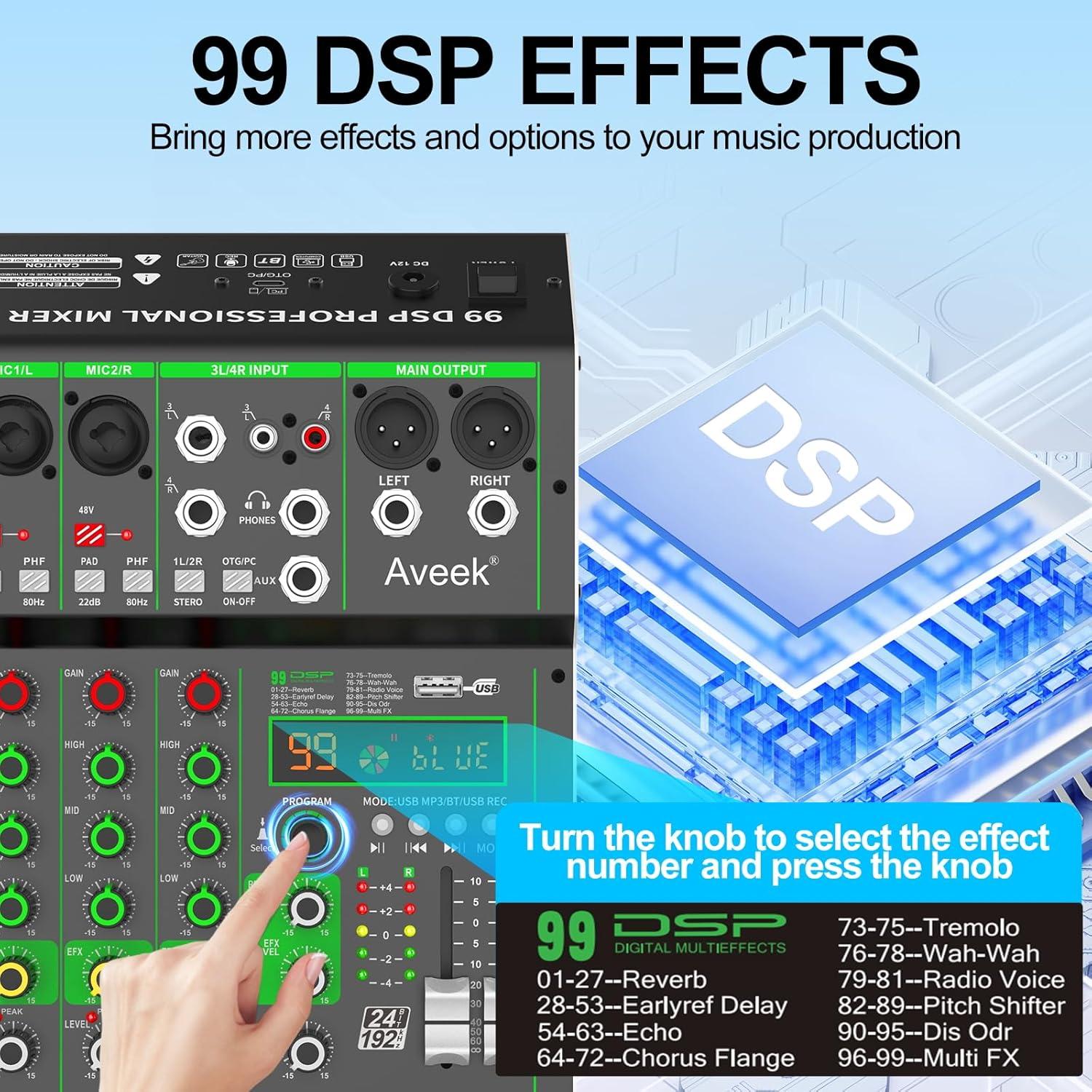 Mezclador de Audio Profesional Aveek F4, 4 Canales, USB/Bluetooth