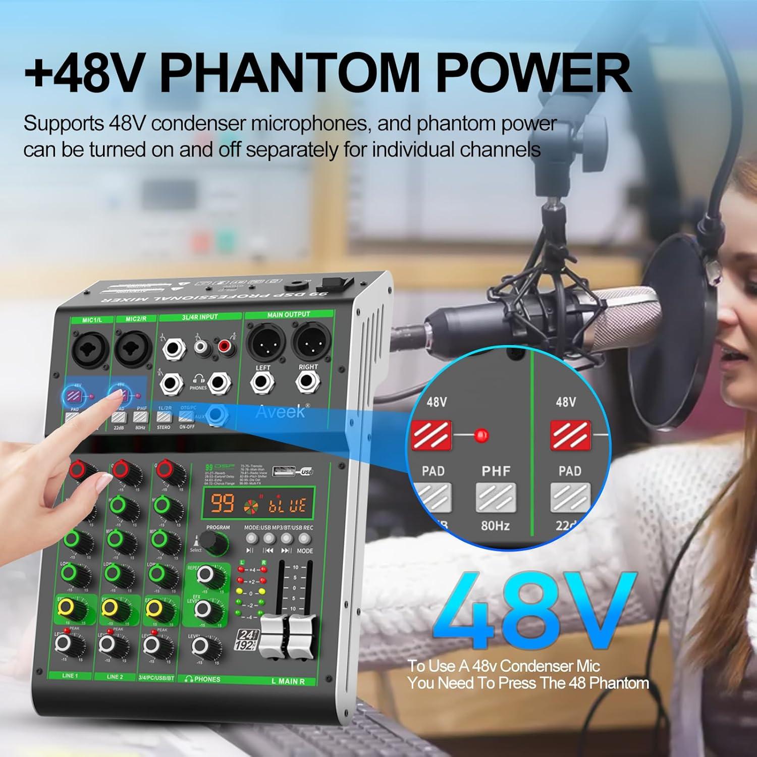 Mezclador de Audio Profesional Aveek F4, 4 Canales, USB/Bluetooth