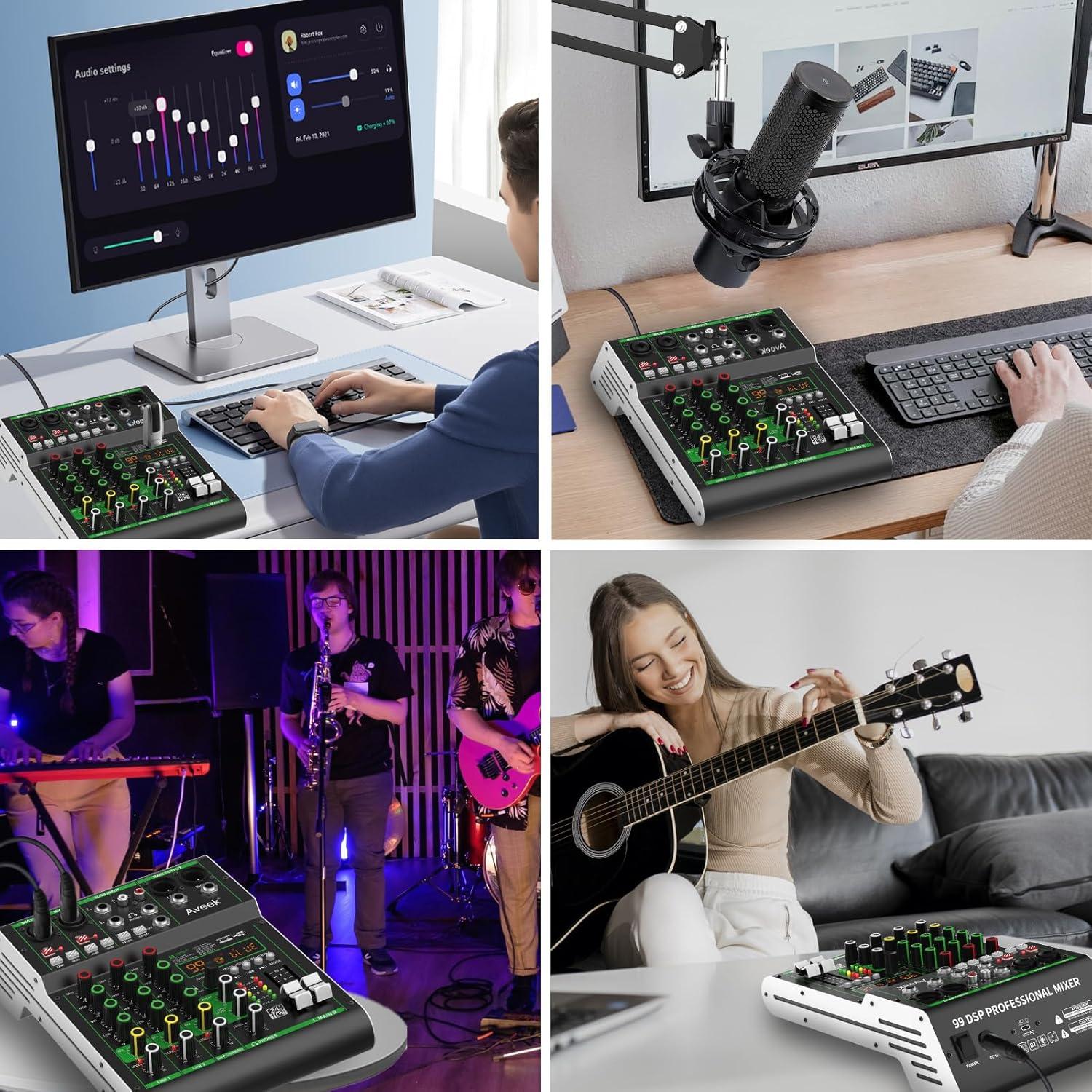 Mezclador de Audio Profesional Aveek F4, 4 Canales, USB/Bluetooth