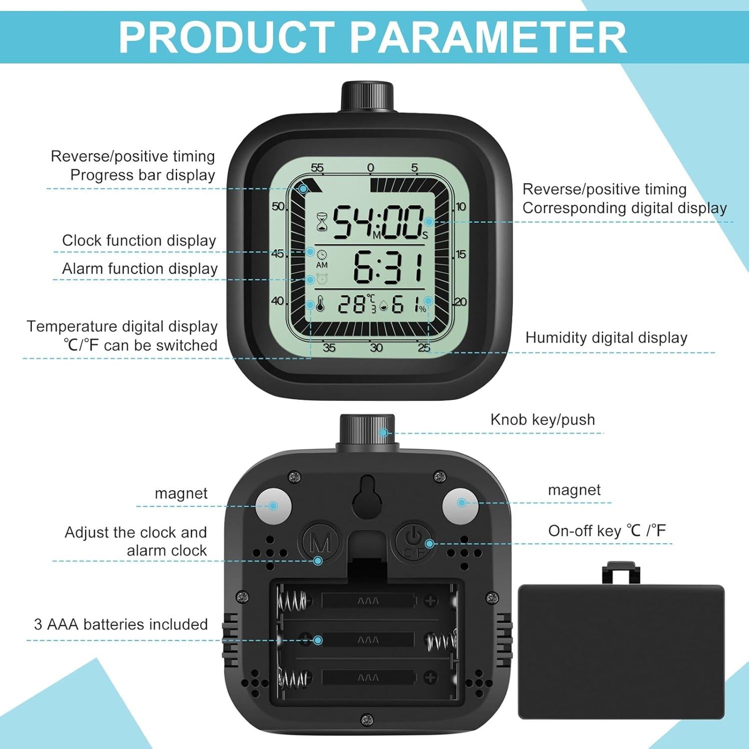 Temporizador Visual Digital VLEJEARI con Reloj Despertador y Termómetro