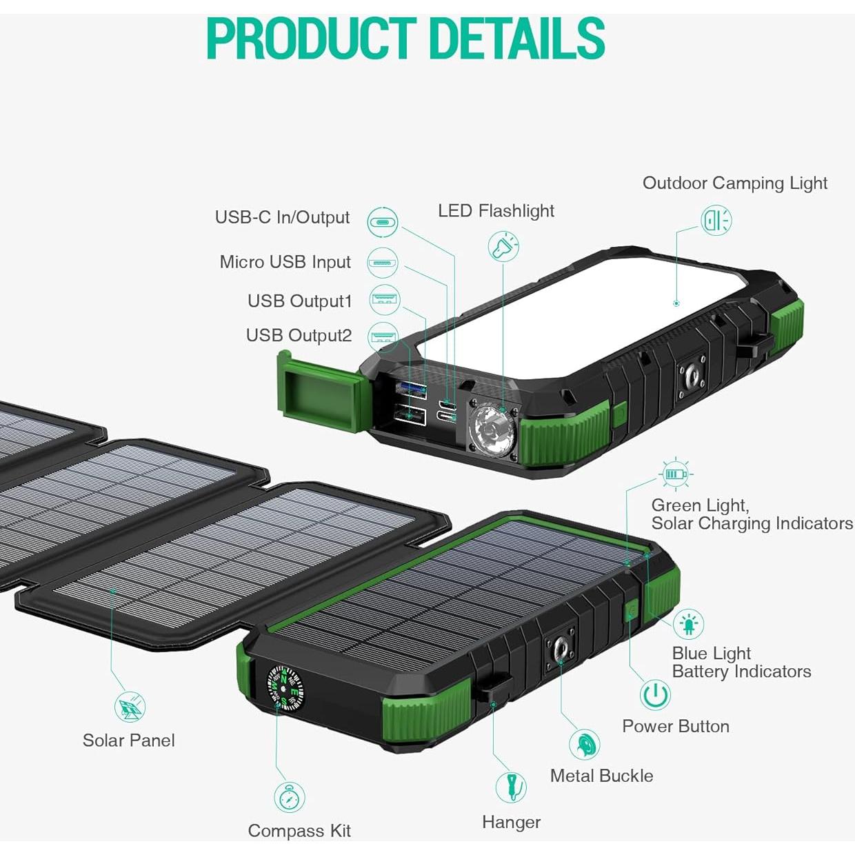 Cargador Solar Portátil BLAVOR 20000mAh 4 Paneles Plegables