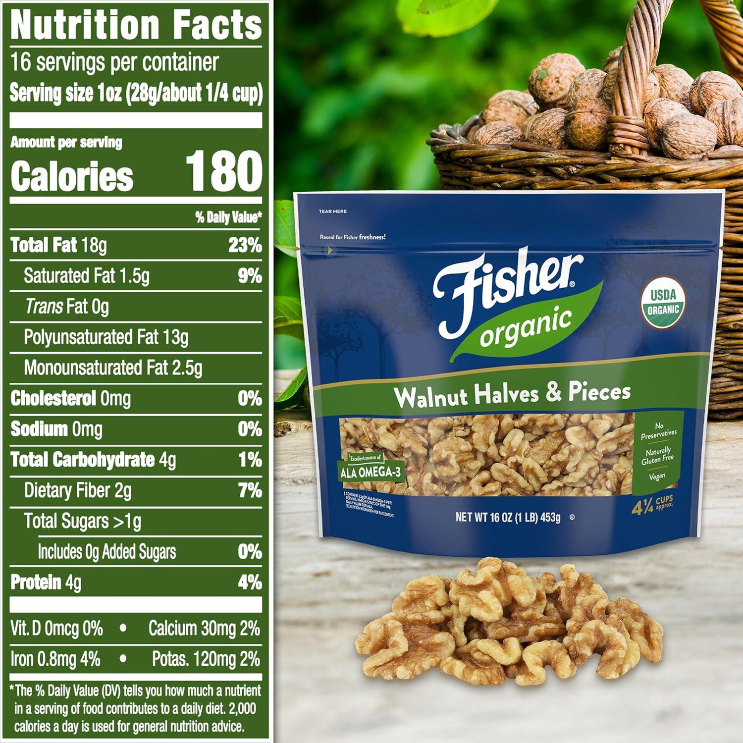 Nueces Orgánicas Sin Sal Fisher 453.6 g - Mitades y Piezas