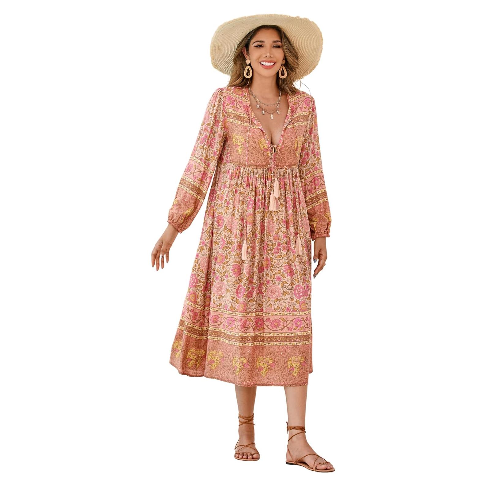 Vestido Midi Bohemio R.Vivimos con Estampado Floral y Flecos