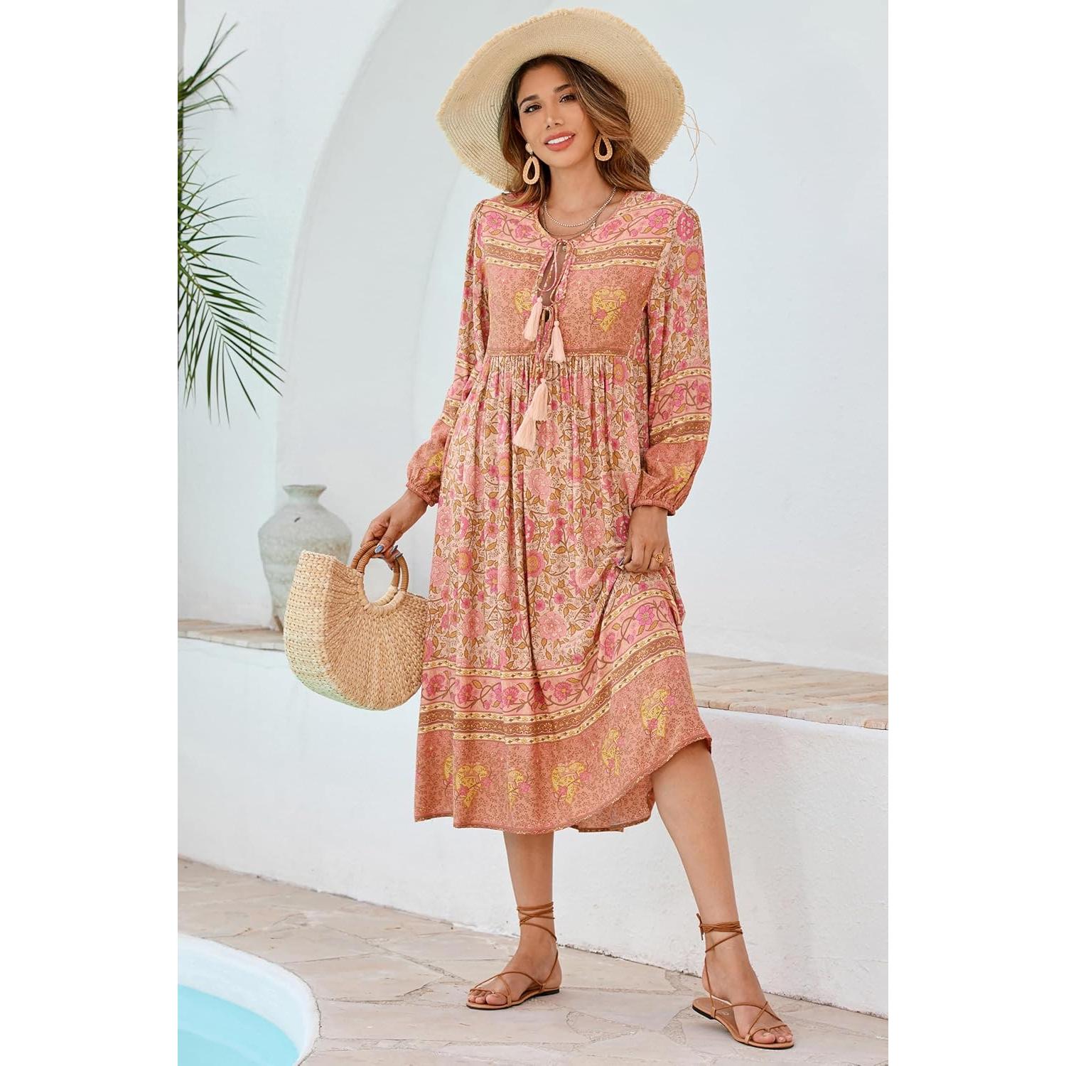 Vestido Midi Bohemio R.Vivimos con Estampado Floral y Flecos