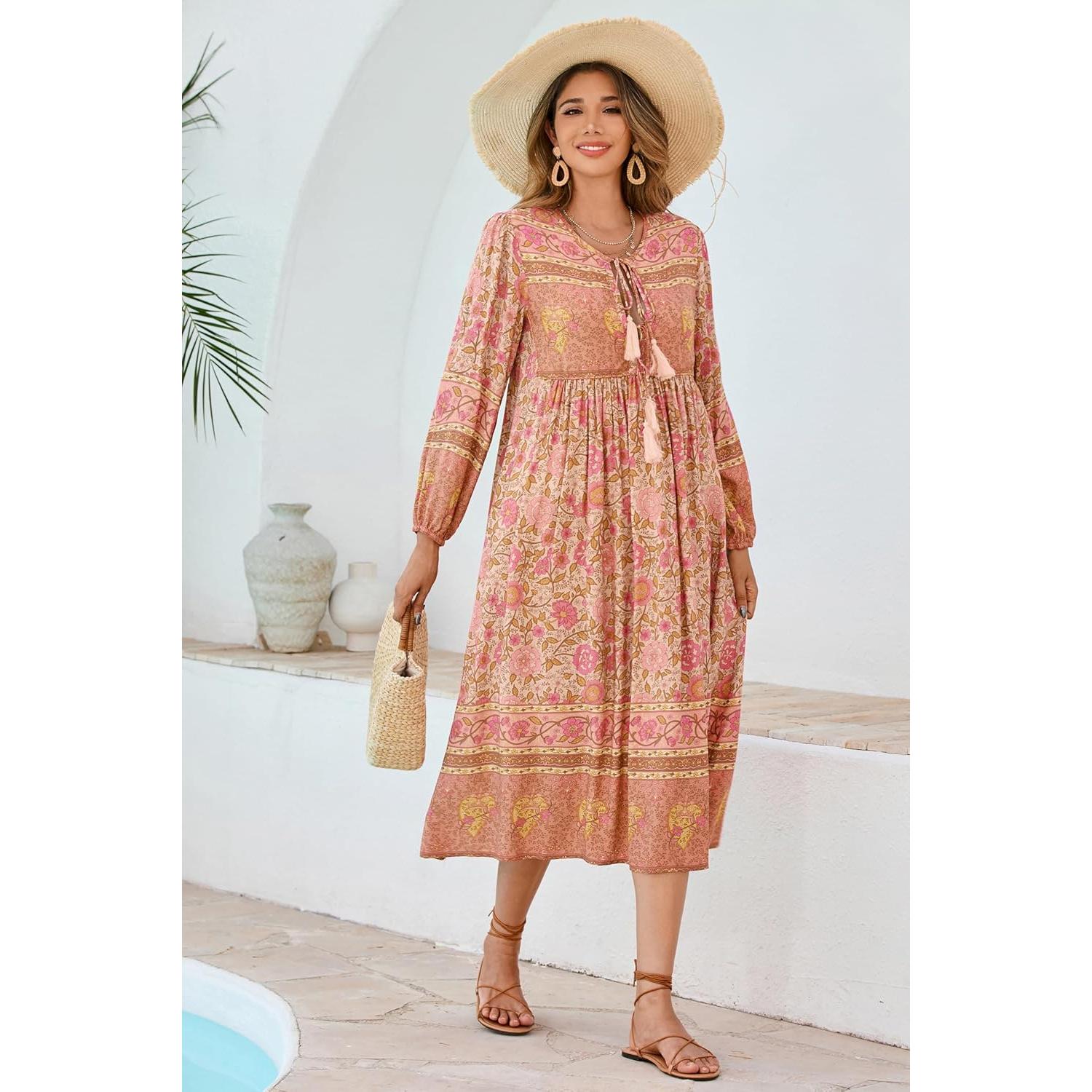 Vestido Midi Bohemio R.Vivimos con Estampado Floral y Flecos
