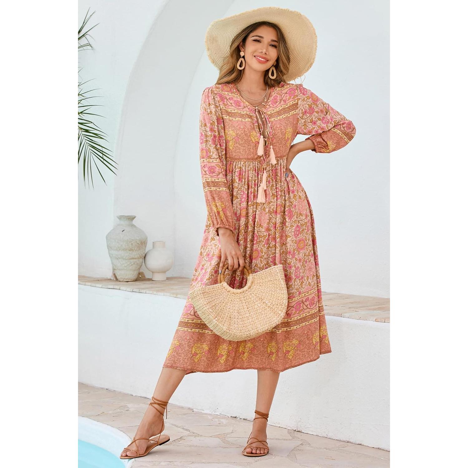 Vestido Midi Bohemio R.Vivimos con Estampado Floral y Flecos