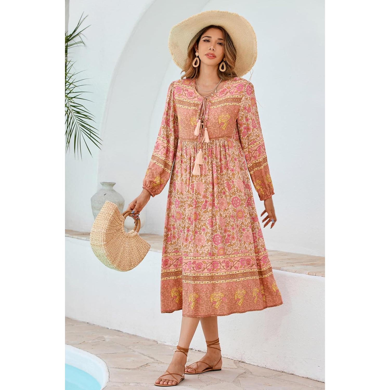 Vestido Midi Bohemio R.Vivimos con Estampado Floral y Flecos