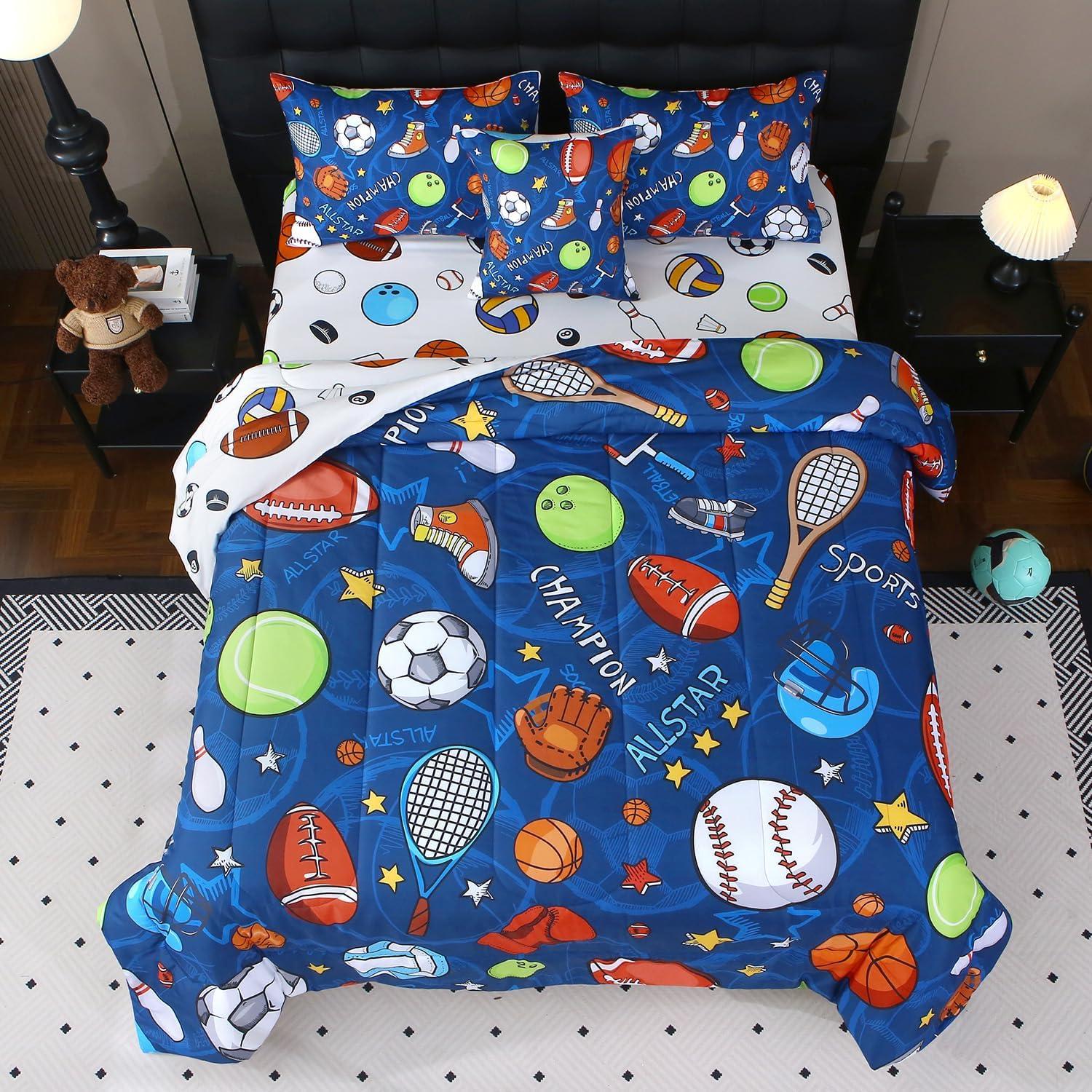 Conjunto de Edredón Gemelo JQinHome 6 Piezas Deportes Azul