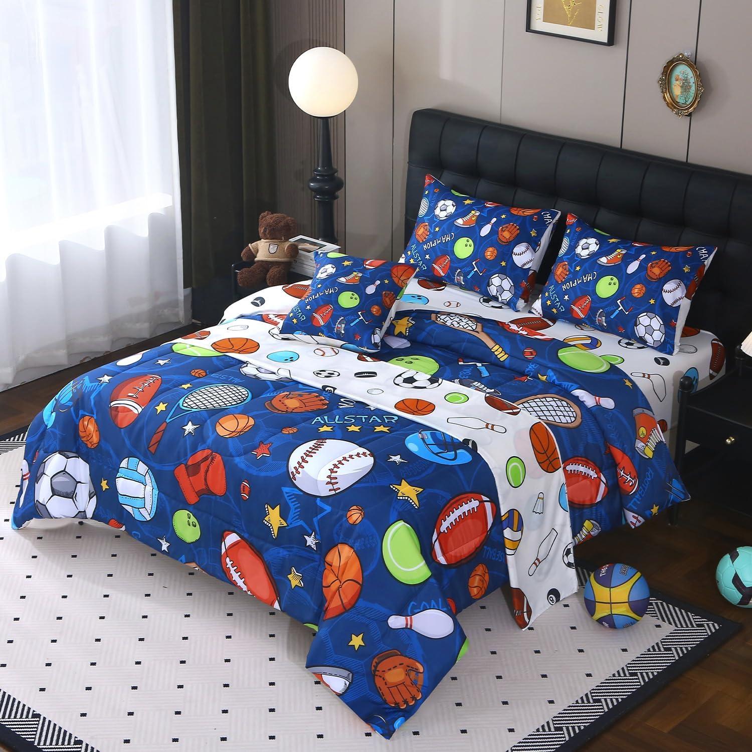 Conjunto de Edredón Gemelo JQinHome 6 Piezas Deportes Azul