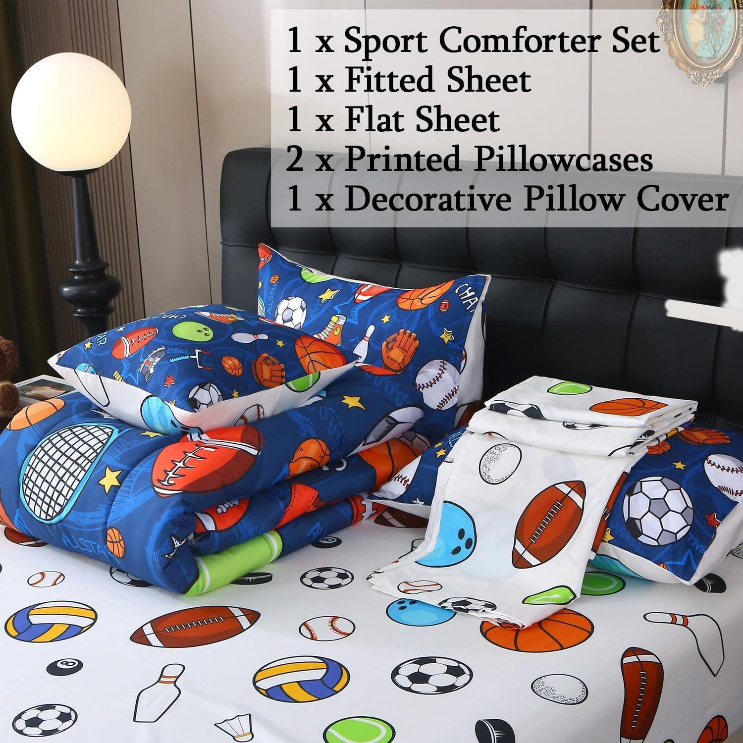 Conjunto de Edredón Gemelo JQinHome 6 Piezas Deportes Azul