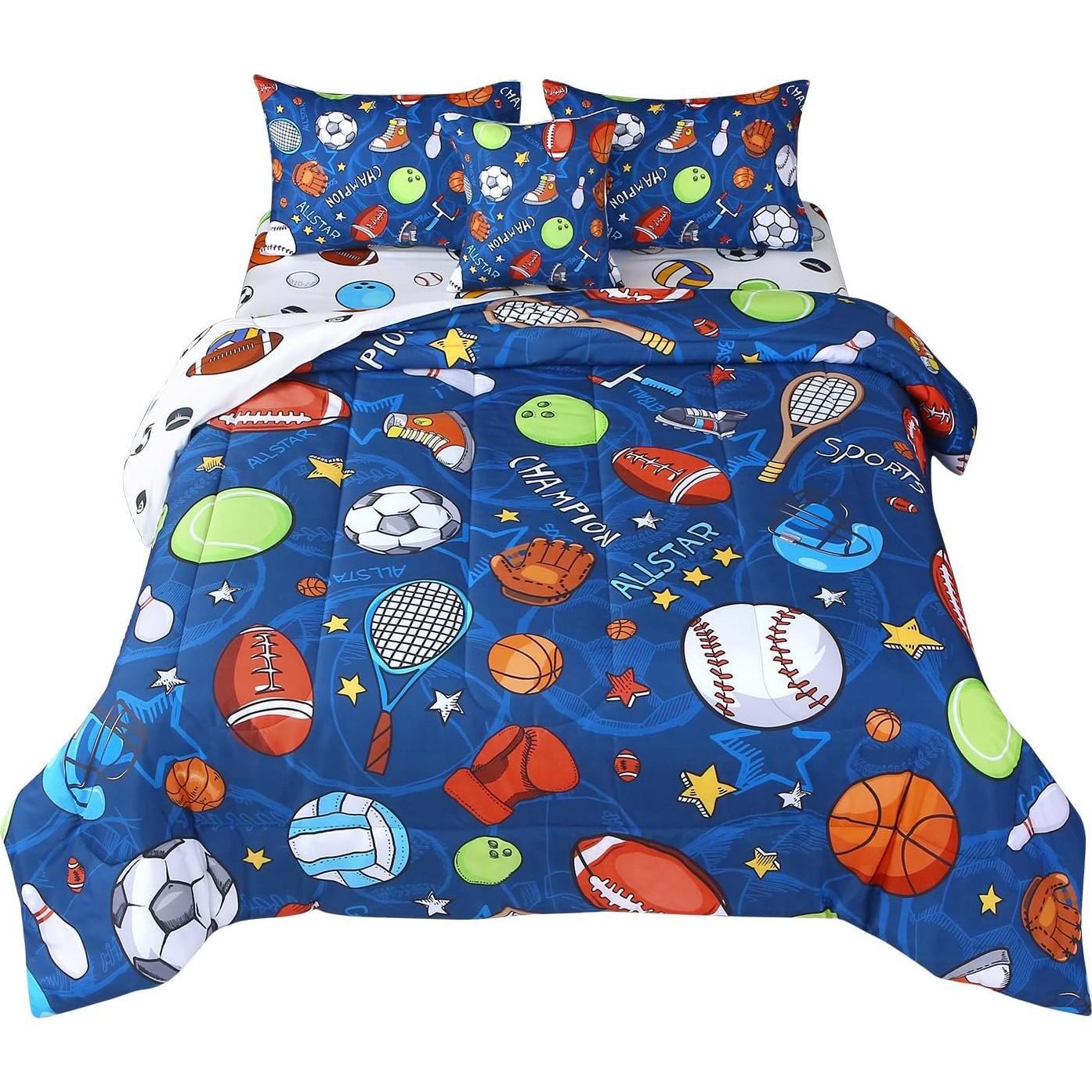 Conjunto de Edredón Gemelo JQinHome 6 Piezas Deportes Azul