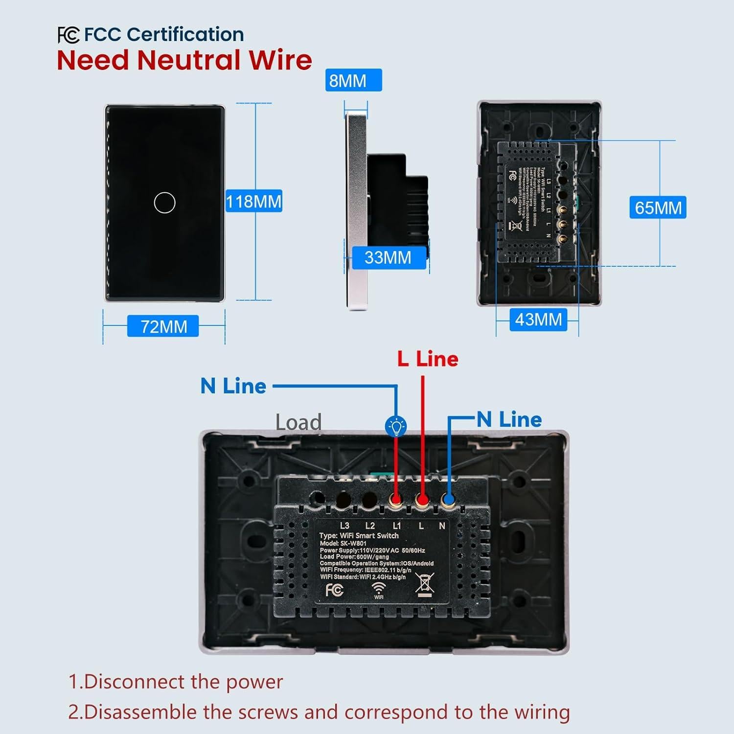 Interruptor de Luz Inteligente WiFi YUEQING 1 Gang Negro