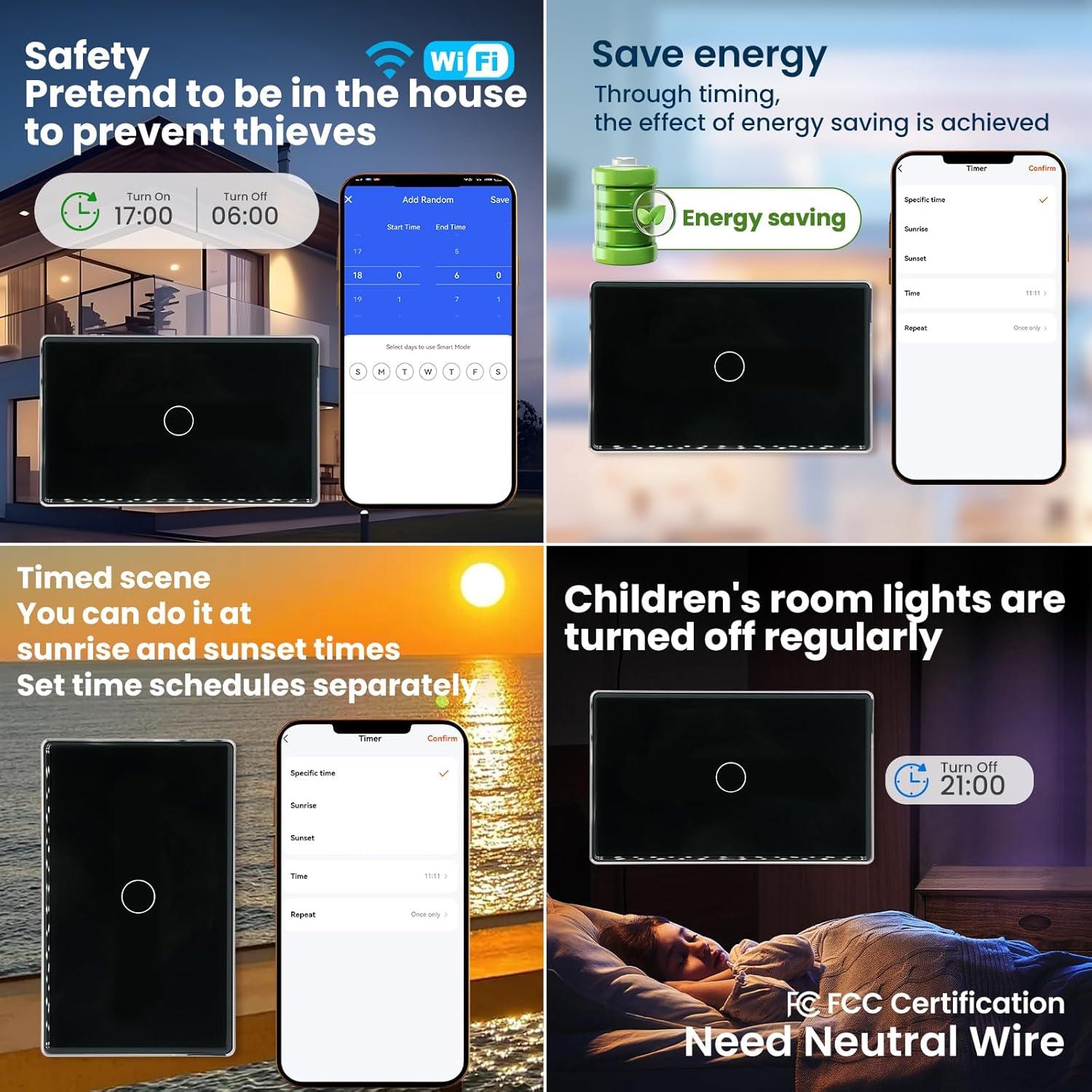 Interruptor de Luz Inteligente WiFi YUEQING 1 Gang Negro