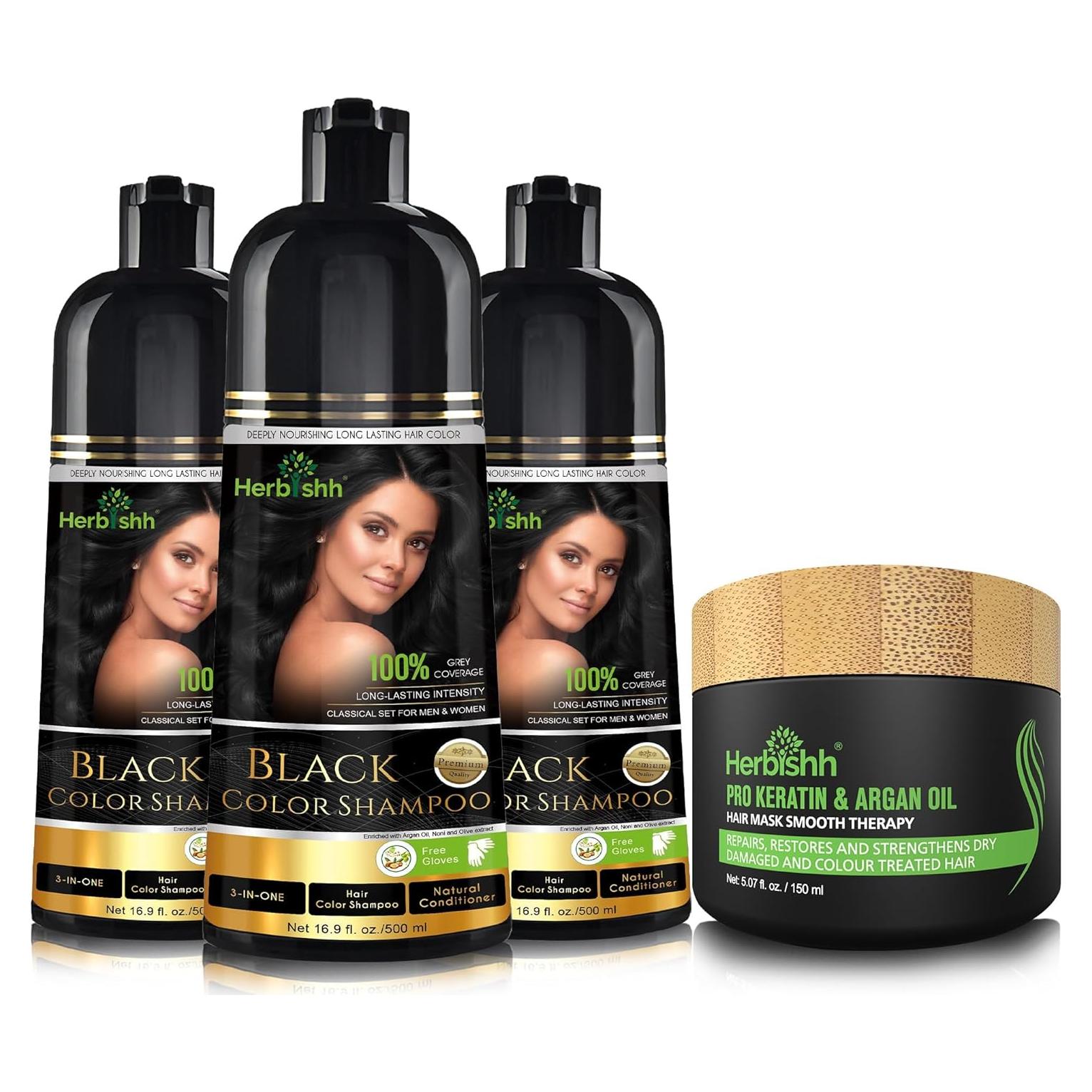 Kit Champú Colorante Herbishh 4pcs para Cabello Gris - Negro