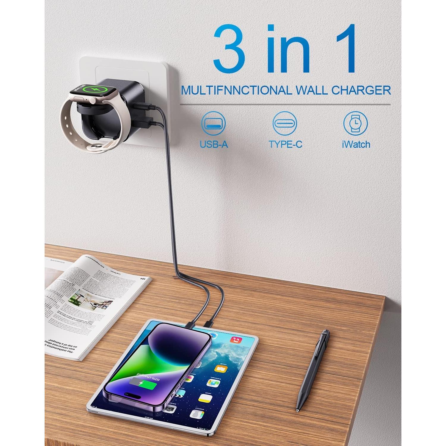 Cargador Rápido 36W 3 en 1 Shenzhenshi - USB-C, USB-A, Apple Watch