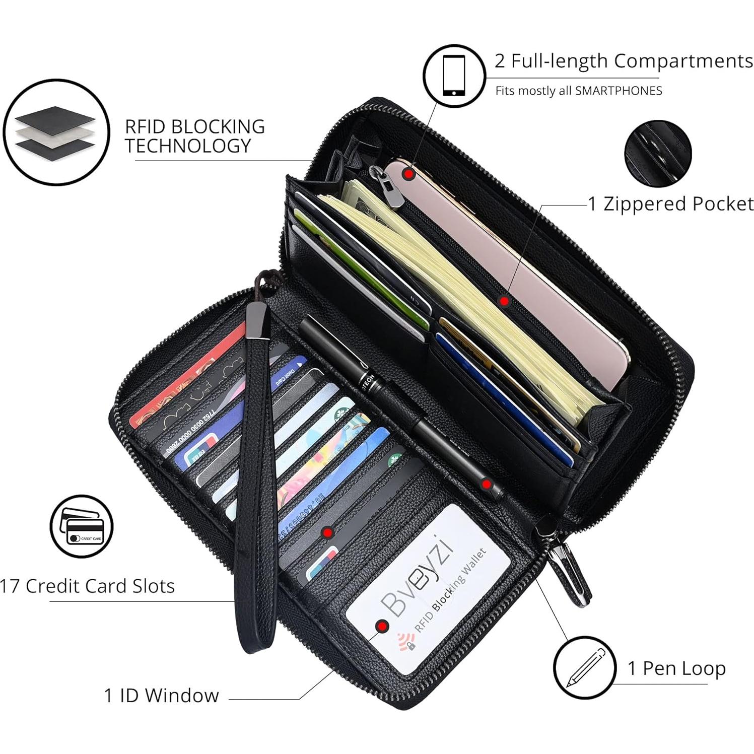 Cartera Bveyzi para Mujeres con Bloqueo RFID de Cuero Negro