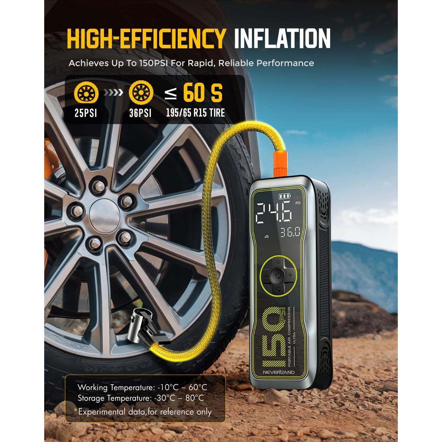 Compresor de Aire Portátil NEVERLAND 12V 16000mAh 150PSI